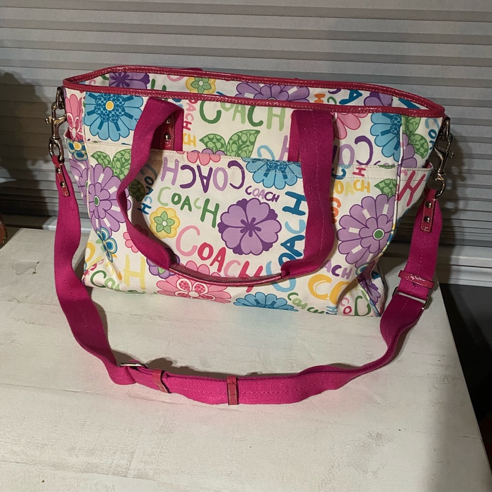 Coach Tote With Daisy Flower & Graffiti Print And Pink Leather Trim